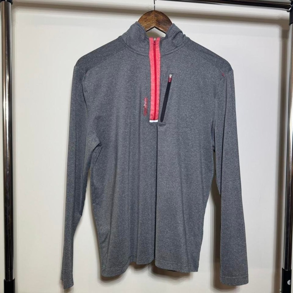Reebok Gray Light Weight Long Sleeve Quarter Zip With Red Zipper Detailing Sz S